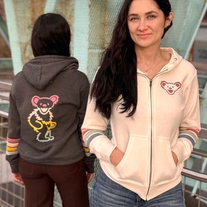 Grateful Dead Sunset Bear Zip Hoodie Women’s – Dancing Bear Striped Hoodie, Deadhead Jacket, Festival Hoodie