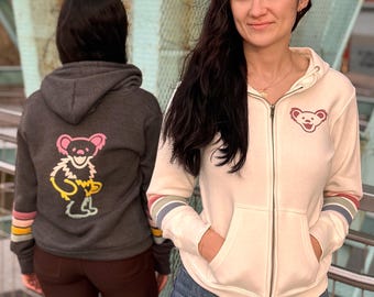 Sudadera con capucha y cremallera Grateful Dead Sunset Bear para mujer – Sudadera con capucha a rayas Dancing Bear, chaqueta Deadhead, sudadera con capucha para festivales