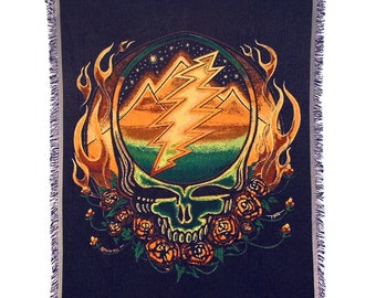 Grateful Dead Scarlet Fire Blanket – Stealie Woven Cotton Throw, Deadhead Blanket, SYF Tapestry Throw, Licensed Grateful Dead Decor