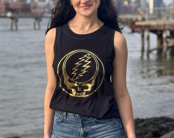Grateful Dead Gold Foil Stealie Tank Top – Women’s Band Tank, Deadhead Shirt, Music Festival Top, Vintage Style