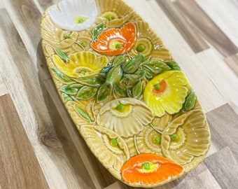 Vintage 1970&#39;s Fred Roberts Colorful Poppies Groovy Serving Dish