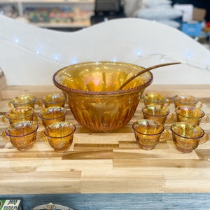 Vintage Indiana Amber Iridescent Carnival Glass Punch Bowl & Cups Set with Ladle