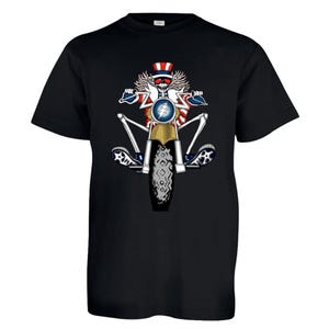 May include: Black t-shirt with a cartoon image of a skeleton riding a motorcycle. The skeleton is wearing a red, white, and blue hat and a red, white, and blue shirt. The motorcycle has a lightning bolt logo on the side.
