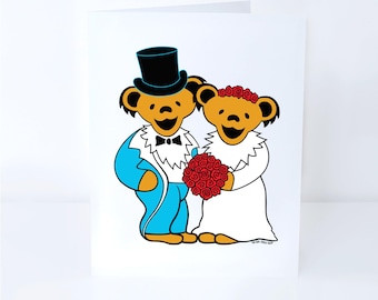Grateful Dead Wedding Bears-kaart, Deadhead-trouwkaart, dansende beren bruiloftsgroet, Grateful Dead-huwelijkscadeaukaart