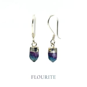 Pode incluir: Um par de brincos de prata com pedras de fluorita roxa e azul.