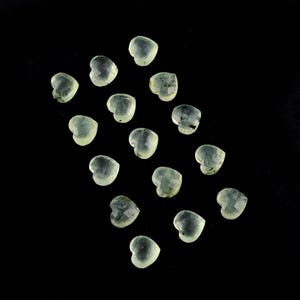 May include: A collection of fourteen small, faceted heart-shaped gemstones in a pale, translucent light green color. Each stone features subtle dark inclusions and a polished surface, arranged in a loose, scattered pattern against a black background.