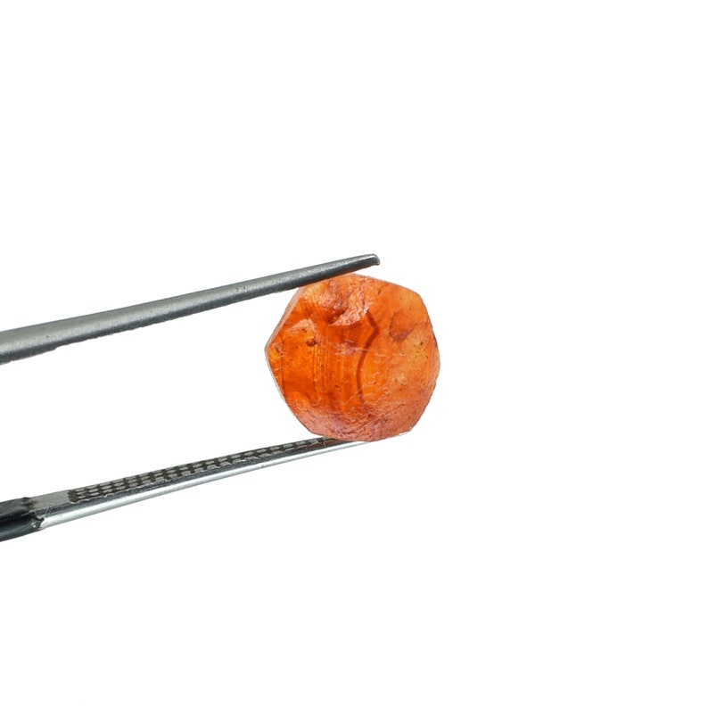 May include: A rough, orange gemstone held by a pair of silver tweezers. The gemstone has a textured surface and an irregular, rounded shape. The background is plain white, highlighting the gem's color and form.