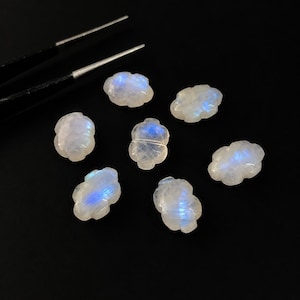 May include: Seven small, translucent moonstone beads carved into cloud-like shapes with a distinct blue adularescence. The stones are arranged in a cluster, with a pair of metal tweezers positioned at the top left corner of the frame.