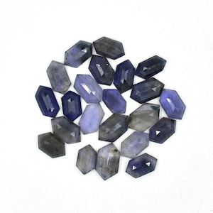 Puede incluir: Colección de gemas facetadas de forma hexagonal en tonos azules, morados y grises. Las gemas están dispersas sobre una superficie blanca, con diferentes niveles de transparencia y brillo. Las gemas son probablemente para la fabricación de joyas.