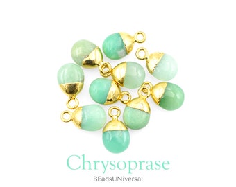Natural Chrysoprase Gemstone Pendant with Electroplated Gold Cap 8X10 mm Charms Teardrop Pendant Dainty Necklace Connectors Making Jewelry