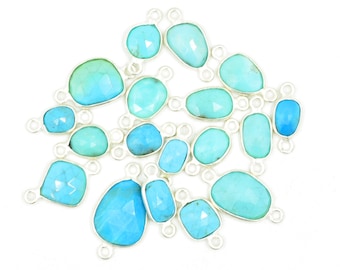 Natural Turquoise Bezel Connectors, Faceted Cut Fancy Shape Flat Back Silver Set Charms for Jewelry Making