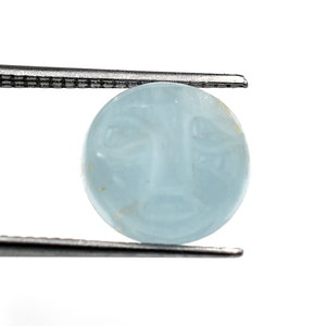 Aquamarine Face Carved Stone For Ring, Cabochons Carved Loose Gemstone, 10 mm Face Carving Gems, Flat Back Round Stone, 2 Pieces