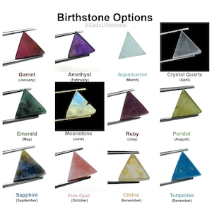 May include: A chart of birthstone options for each month of the year. Each birthstone is displayed in a triangular shape and is held by a pair of metal tweezers. The birthstones are: Garnet, Amethyst, Aquamarine, Crystal Quartz, Emerald, Moonstone, Ruby, Peridot, Sapphire, Pink Opal, Citrine, and Turquoise.