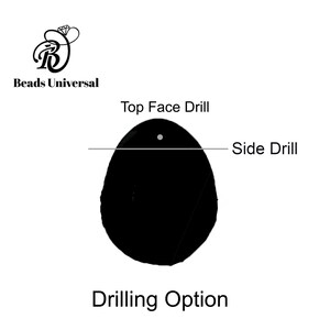 May include: Diagram showing drilling options for a gemstone. The gemstone is oval shaped and has a hole drilled in the top. The text "Top Face Drill" is above the hole. A line is drawn across the gemstone with the text "Side Drill" to the right of the line.