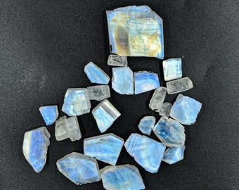 May include: A collection of iridescent blue moonstone chips, with a variety of shapes and sizes, arranged on a black background.