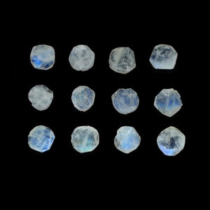 May include: Twelve iridescent moonstone crystals, each with a unique shape and size, are arranged in a grid pattern against a black background.