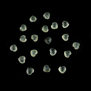 May include: A collection of twenty small, heart-shaped gemstones with a translucent, pale green hue. Each individual stone features a faceted surface that catches the light, displaying subtle internal inclusions and a smooth, polished finish.