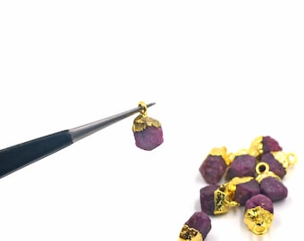 Natural Ruby Gemstone Rough Charms Uncut Fancy Shape Ruby Raw Connectors 8 to 10 MM Raw Gold Electroplated Charms DIY Making Connectors