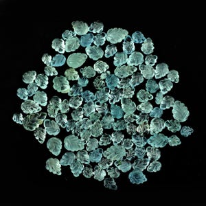 Può includere: Una collezione di piccole gemme a forma di foglia, in varie tonalità di blu e verde. Le gemme sono finemente scolpite con venature dettagliate, disposte su uno sfondo nero. L'effetto complessivo è delicato e naturale, che ricorda il fogliame.