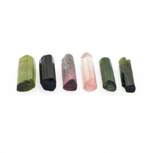 May include: Six tourmaline crystals in varying shades of green, pink, and black are arranged horizontally against a white background. The crystals are cylindrical with natural, textured surfaces, showcasing their unique colors and formations.