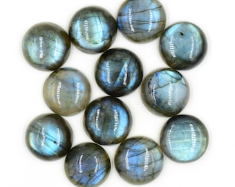 May include: Twelve round, iridescent blue labradorite cabochons, each with a unique pattern of light and dark blue.