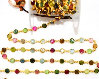 Natural Multi Tourmaline Bezel Connector Chain 925 Sterling Silver Over Gold Plated Connectors 5 to 6 mm Stone Necklace Making