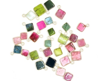 Multi Tourmaline Gemstone Plain Square Charms 925 Sterling Silver Bezel Single Connector Single Bail Link Pendant Charm 7X10 To 10X13MM