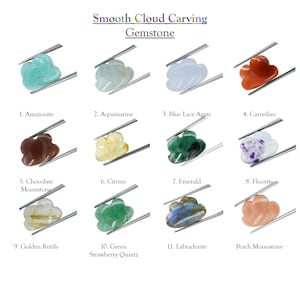 Könnte beinhalten: Elf verschiedene Edelsteinschnitzereien in Form einer Wolke, jede mit einer Pinzette gehalten. Die Edelsteine sind: Amazonit, Aquamarin, Blauer Spitzenachat, Karneol, Schokoladen-Mondstein, Citrin, Smaragd, Fluorit, Goldener Rutil, Grüner Erdbeerquarz und Labradorit.
