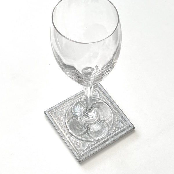 Drink Coaster Silver Metallic Resin I Textured Renaissance Symbol Decorative Tile Custom Cut I Housewarming Gift I Birthday Gifts