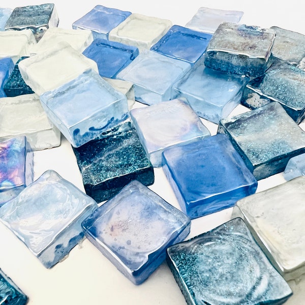 3/4x3/4 Aqua Blue, Iridescent, Luster Glazed, Mosaic Tiles, Arts and Crafts, Set of 20 pieces