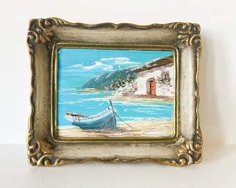 Framed small vintage Spanish oil painting, lovely gold frame and textured seascape original antique miniature boat and beach scene