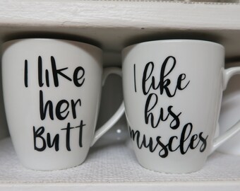 I Like His Muscles // I Like Her Butt Mug Set // Couples Mug Set // His and Hers Mugs // Husband and Wife Mugs - Crate & Barrel Mugs
