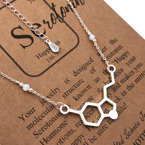 Collar con colgante de molécula de serotonina con piedra de nacimiento, joyería de regalo científico, regalo único, psicología, regalo de felicidad.