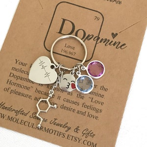 Dopamine Molecule Keychain-Custom Birthstone Keychain-EKG Heart-Psychology-Chemistry Gift-Graduation Gift-Anniversary Gift-Christmas Gift