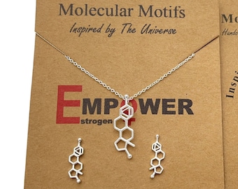 Sterling Silver Estrogen Molecule Necklace & Earrings Stud Set-Feminine Power Pendant Science Gift-Woman Power-Women in STEM-Christmas Gift