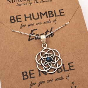 Sterling Silver Seed of Life-Labradorite Gemstone-Flower Necklace-Sacred Geometry-Infinity Knot-Birthday Gift-Dara Knot-OOAK-Christmas Gift