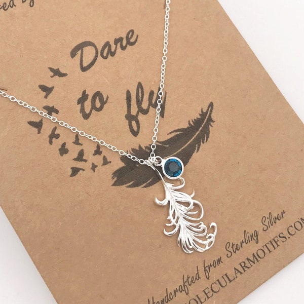 Sterling Silver Feather Pendant: Custom Birthstone Charm Necklace