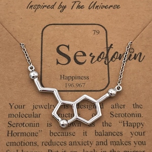 Collar de la felicidad con la molécula de serotonina, estilo unisex. Joyería científica artesanal de Molecular Motifs.