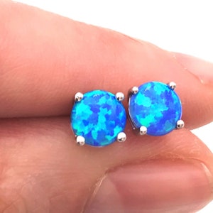 Sterling Silver Blue Fire Opal Stud Prong Set Earrings-4/6/8mm-Anniversary Gift-October Birthday Gift-Christmas Gift-Handmade