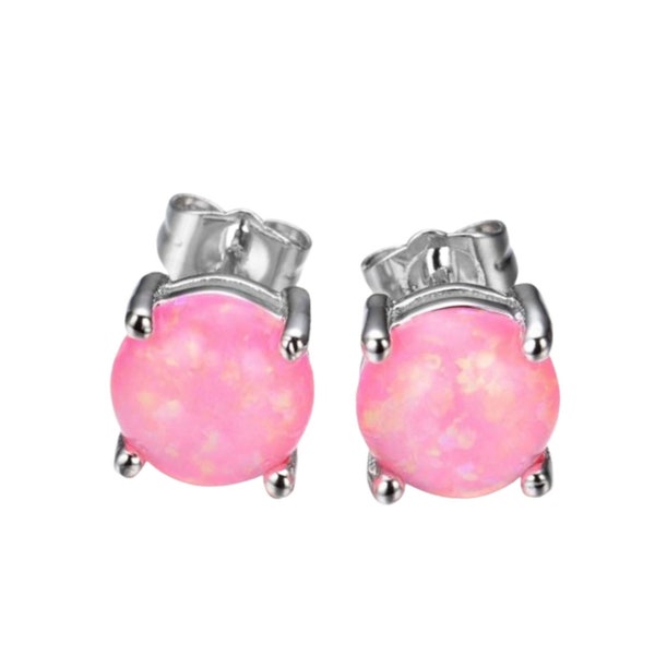 Barbie Pink Fire Opal Earrings-6mm Fire Opal Stud Earrings-Anniversary-October Birthday Gift-October Birthstone--Sterling Silver
