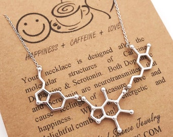 Happy Energy-Sterling Silver-Serotonin, Caffeine & Dopamine  Molecule Necklace-Science Gift-Christmas Gift-Psychology Jewelry-Handcrafted