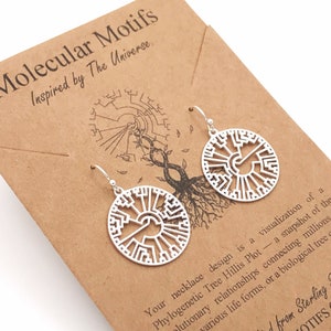 May include: A pair of silver dangle earrings featuring a circular cutout design that resembles a phylogenetic tree. The earrings are attached to a brown cardboard display card printed with the text Molecular Motifs Inspired by The Universe.
