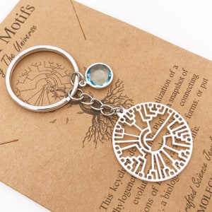 May include: A silver keychain featuring a circular tree of life design with a blue gemstone charm. The keychain is on a brown card with the text "Molecular Motifs Inspired by The Universe" and "Handcrafted Science Jewelry & Gifts www.molecularmotifs.com".