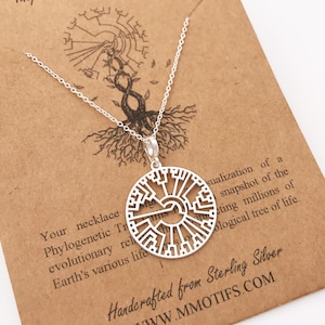 以下が含まれることがあります： 円形のペンダントがついたシルバーネックレス。ペンダントには、系統樹の精巧なデザインが施されています。ペンダントは、"Molecular Motifs Inspired by The Universe."と"Handcrafted from Sterling Silver WWW.MMOTIFS.COM."の文字が書かれた茶色のカードの上に置かれています。