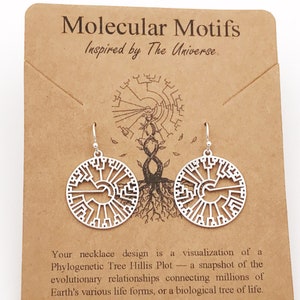 May include: Silver earrings with a circular design featuring a tree of life pattern. The earrings are on a brown card with the text "Molecular Motifs Inspired by The Universe".
