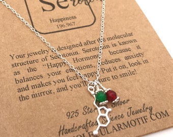 Sterling Silver Serotonin Molecule-Hand Wrapped Birthstone Charm Necklace-Science Gift-Psychology Gift-Anniversary-Mother's Necklace