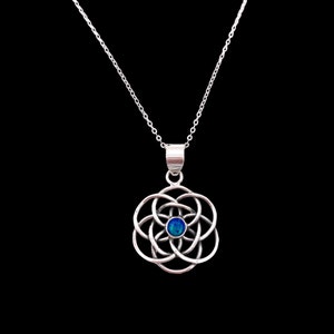 Sterling Silver Flower &quot;Seed&quot; of Life Blue Fire Opal Pendant-Sacred Geometry Jewelry-Christmas Gift