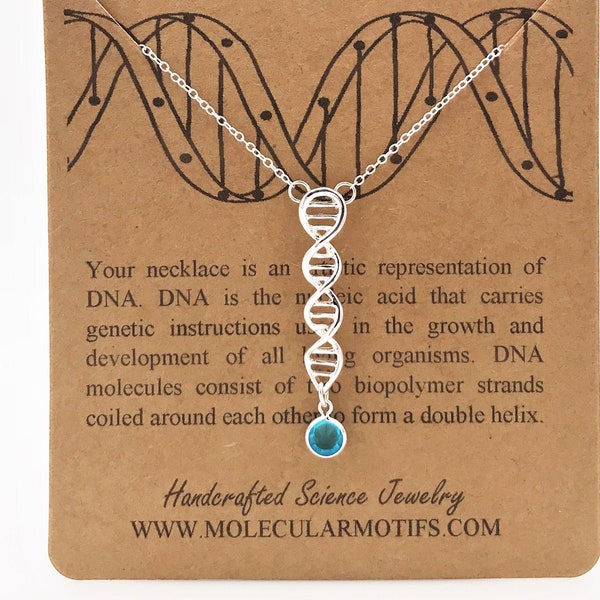 Sterling Silver DNA Pendant Custom Birthstone Charm-Hand Made DNA Necklace-Science Gift-Graduation Gift-Genetics Jewelry