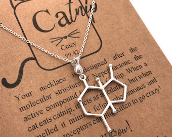 Sterling Silver Catnip Molecule-Cat Lover Necklace-Veterinarian Gift-Kitten Necklace-Science Chemistry-Christmas Gift-Nepetalactone Molecule