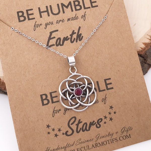Sterling Silver Seed of Life Ruby Flower Necklace-Sacred Geometry-Inifnity Knot-July Birthstone Birthday Gift-OOAK-Christmas Gift